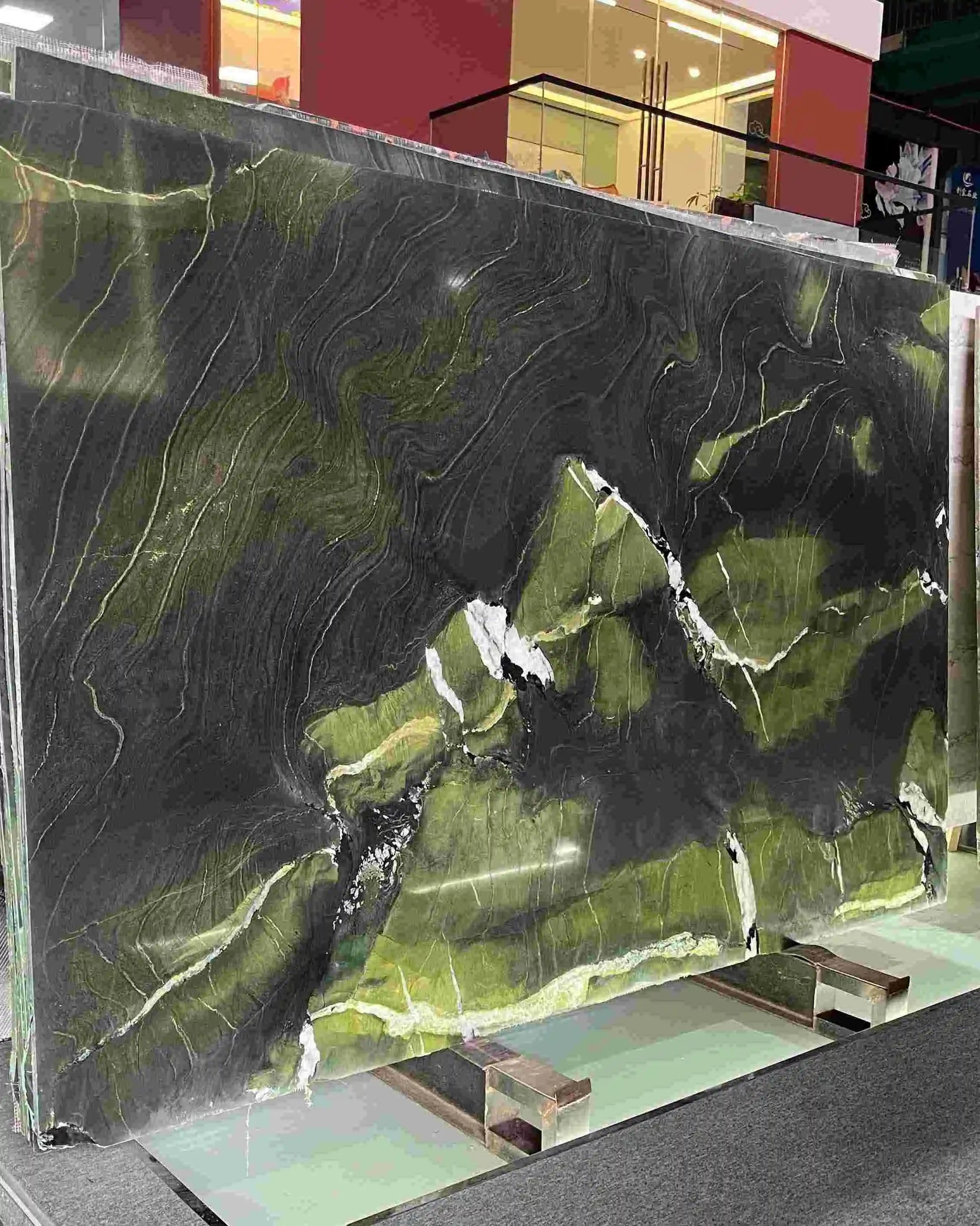 Avocado Green Quartz Slab with White Crystal Patterns