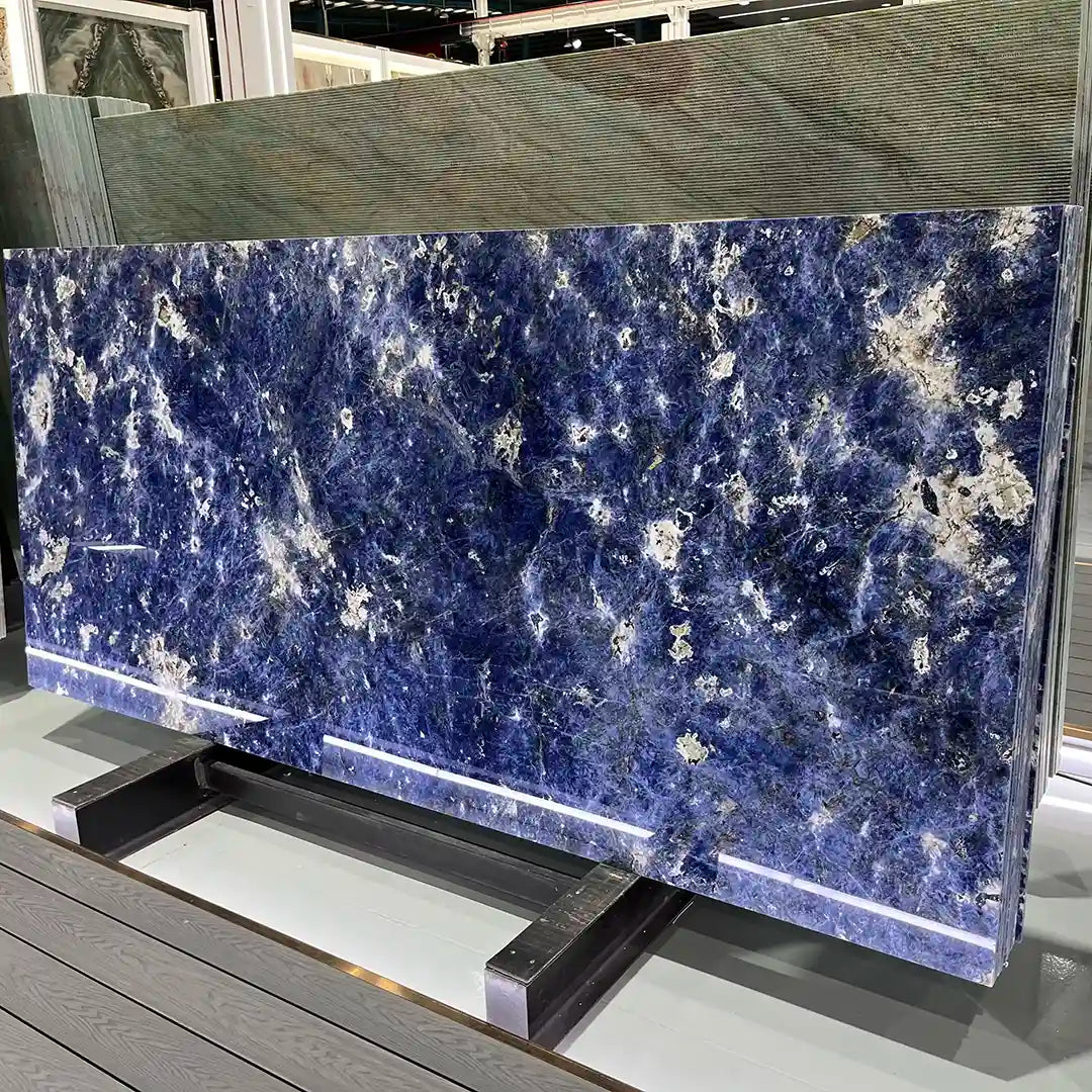 Bolivian Blue quartz slab with deep blue and white crystal patterns for interior decoration.