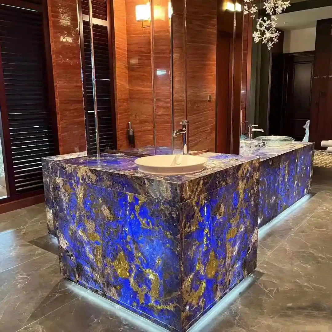 Bolivian Blue quartz slab with deep blue and white crystal patterns for interior decoration.