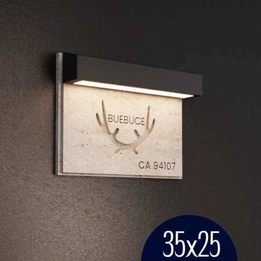 Custom illuminated travertine doorplate with integrated lighting