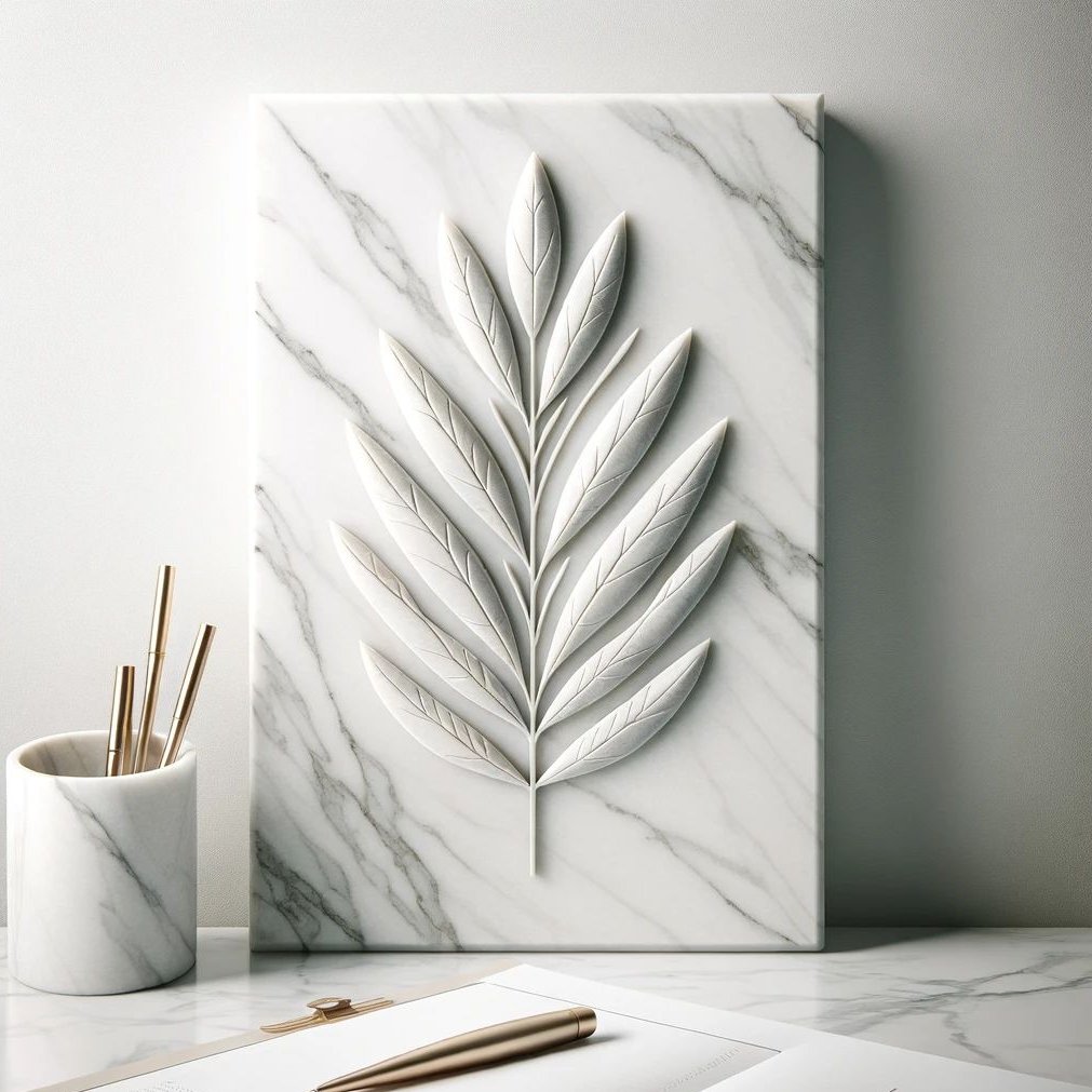 White marble plate with intricately carved olive leaves design, perfect for decorative use.