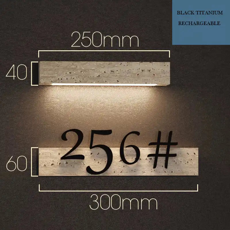 Illuminated travertine door sign with customizable house number and integrated LED light, showcasing elegant design and natural stone texture.