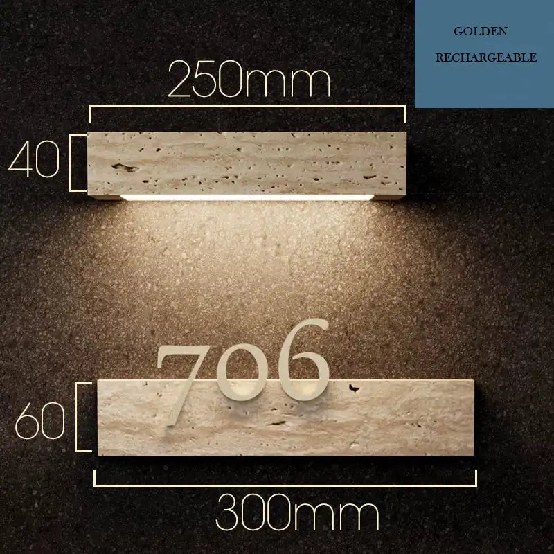 Illuminated travertine door sign with customizable house number and integrated LED light, showcasing elegant design and natural stone texture.