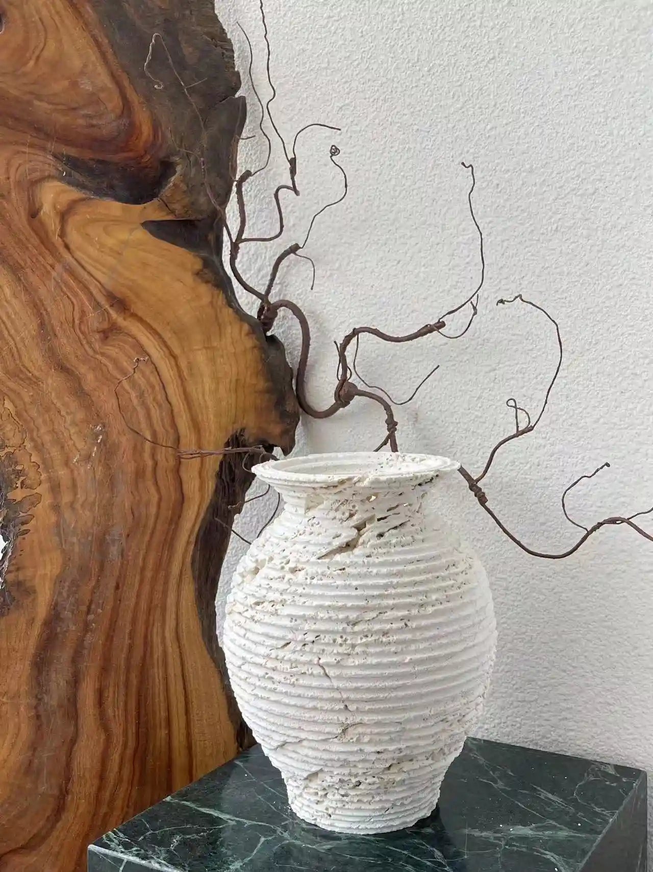 Wabi-Sabi travertine vase with natural stone textures