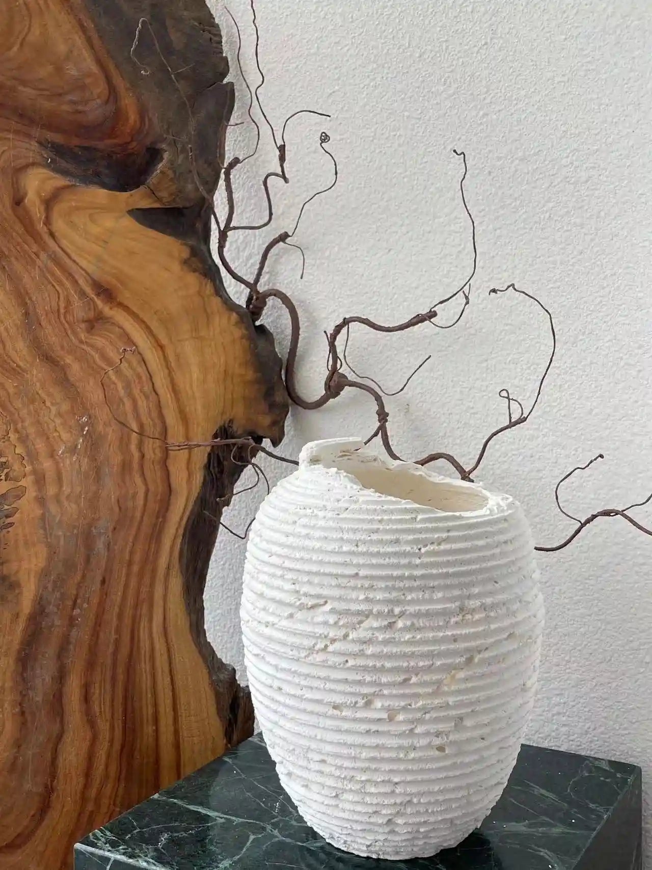 Wabi-Sabi travertine vase with natural stone textures