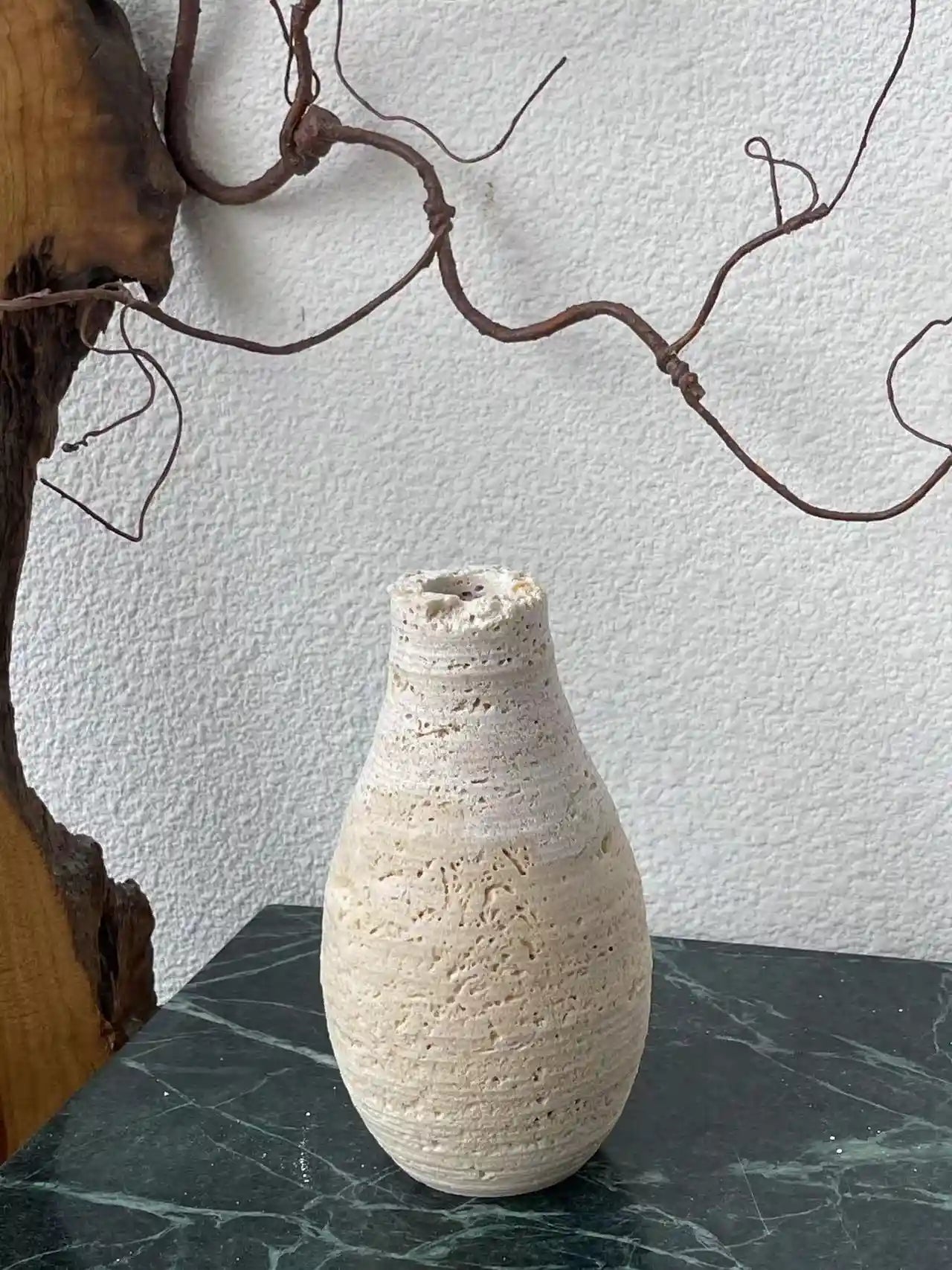 Wabi-Sabi travertine vase with natural stone textures