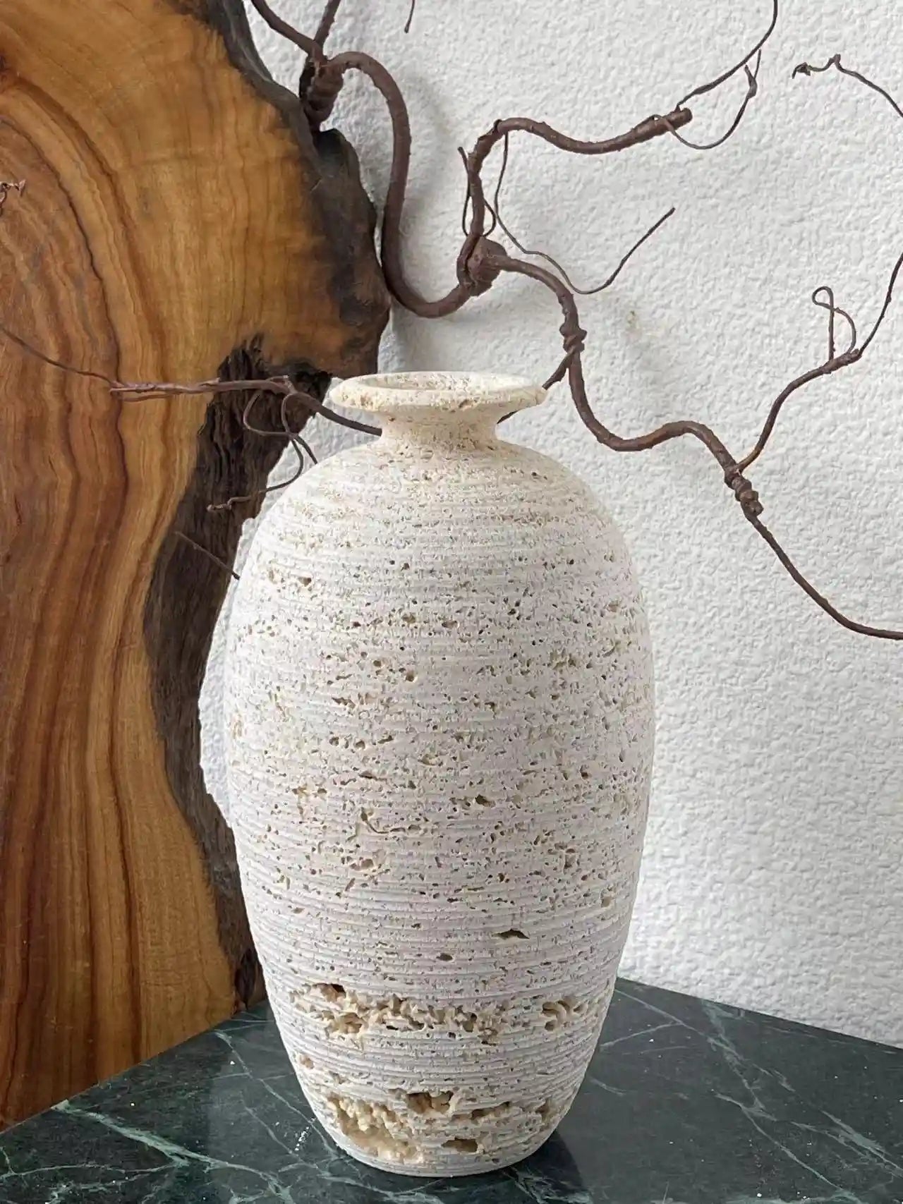 Wabi-Sabi travertine vase with natural stone textures