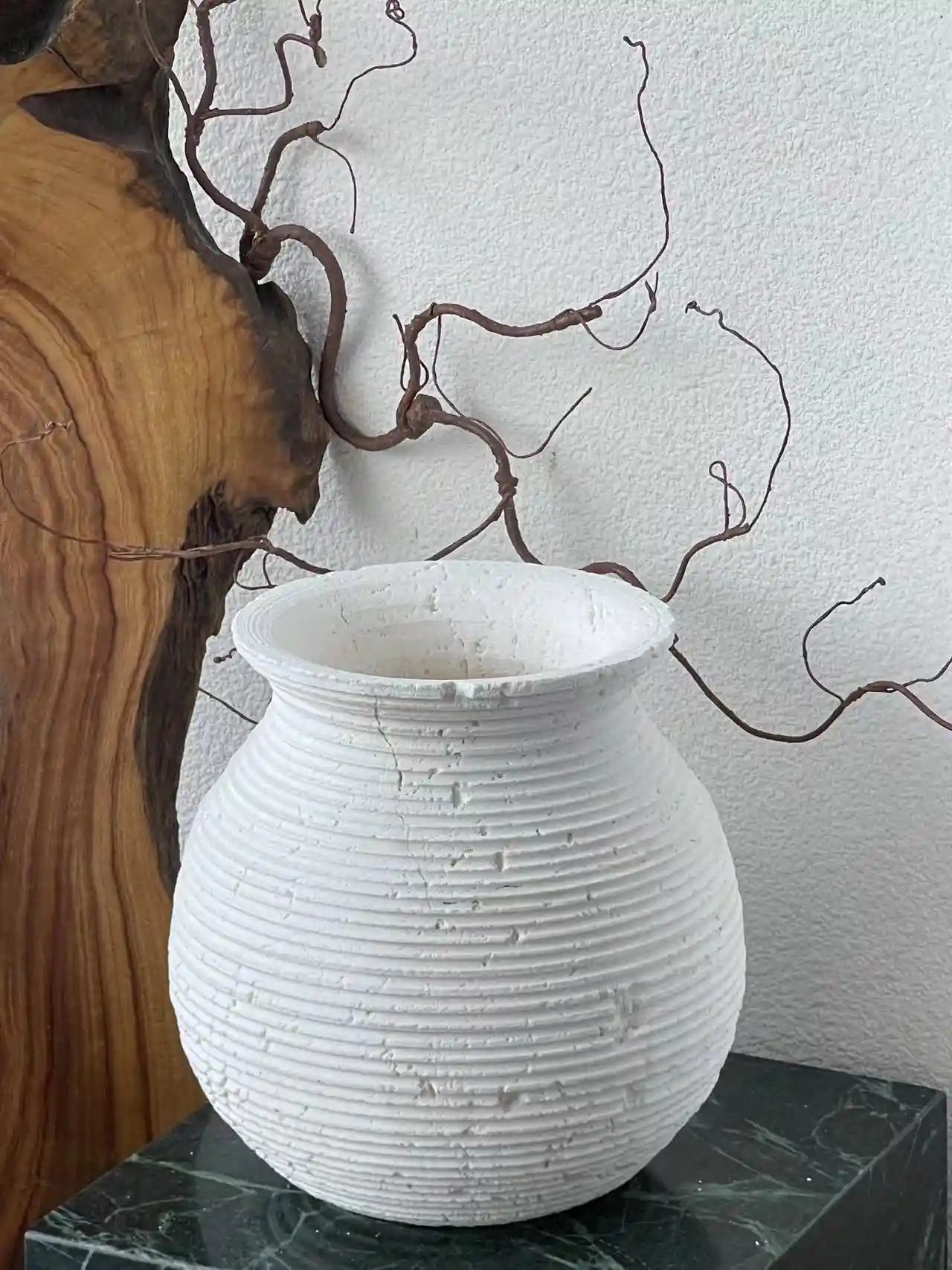 Wabi-Sabi travertine vase with natural stone textures