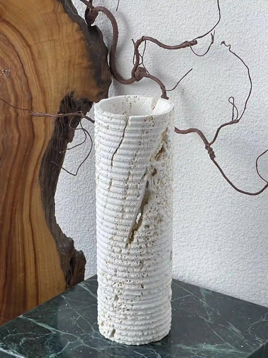 Wabi-Sabi travertine vase with natural stone textures