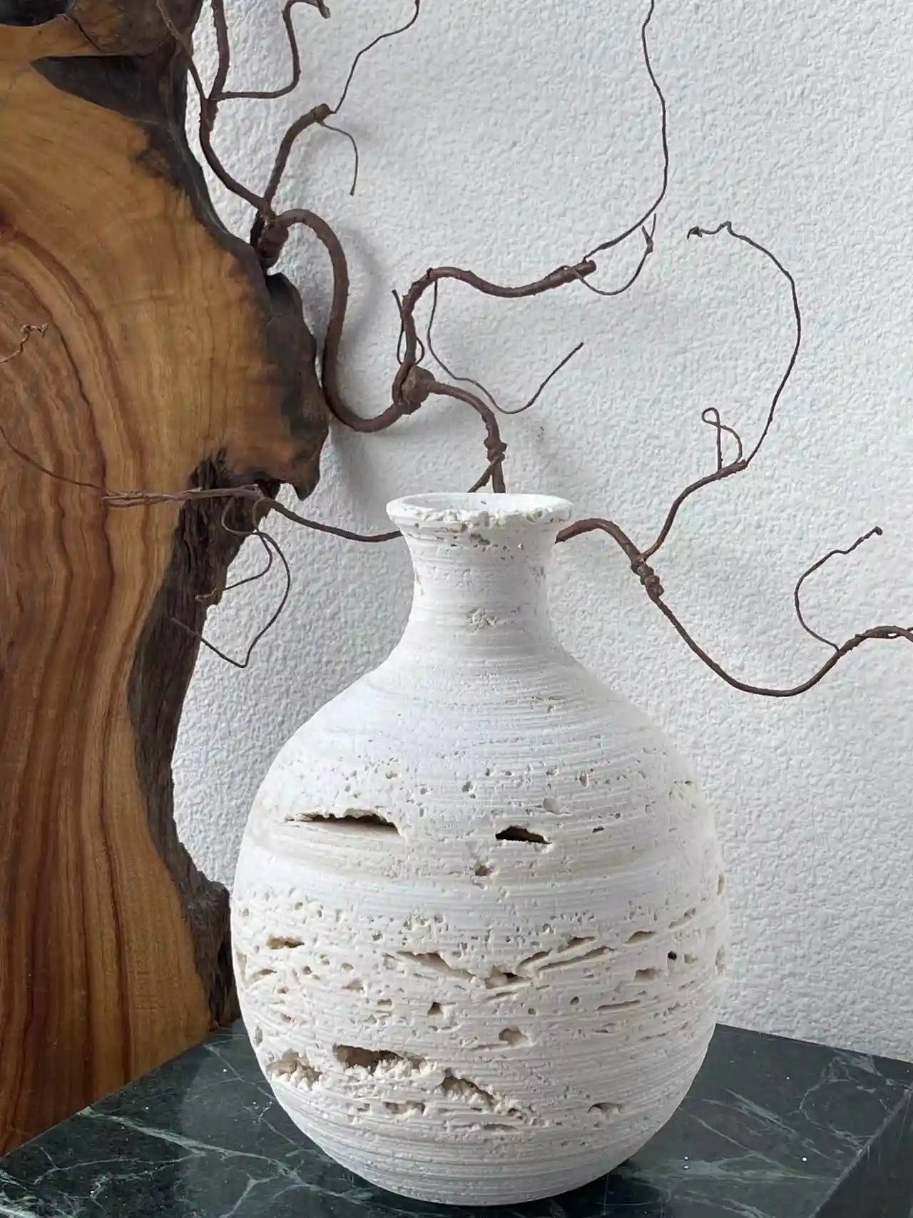 Wabi-Sabi travertine vase with natural stone textures